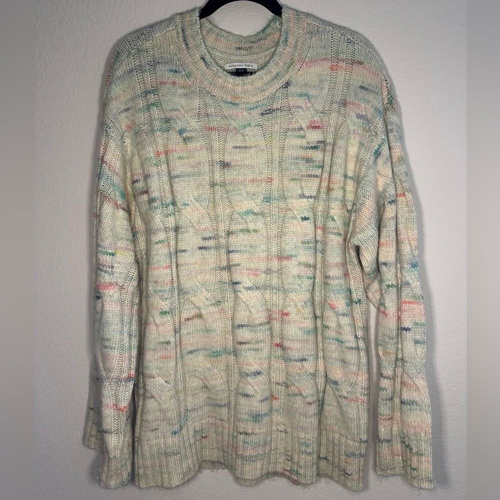 American Eagle Outfitters Cream Crewneck Sweater with Pastel Speckle